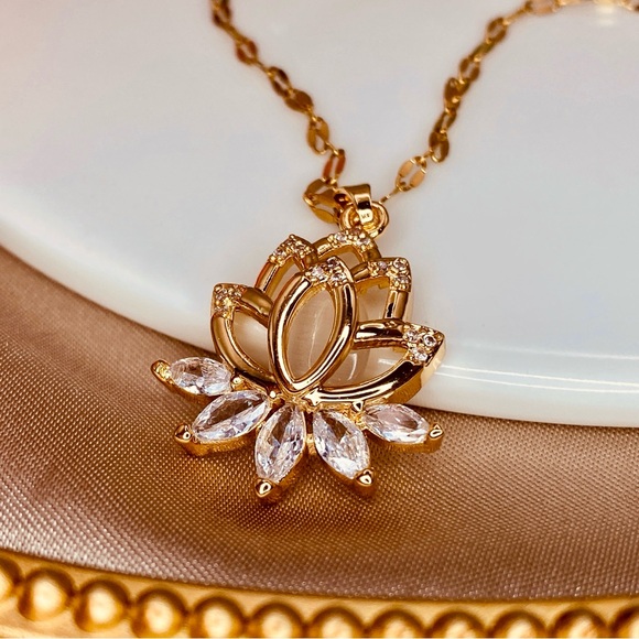 Beautiful Lotus Flower Opal CZ Pendant Design Dainty Chain Necklace in Gold - Picture 3 of 5